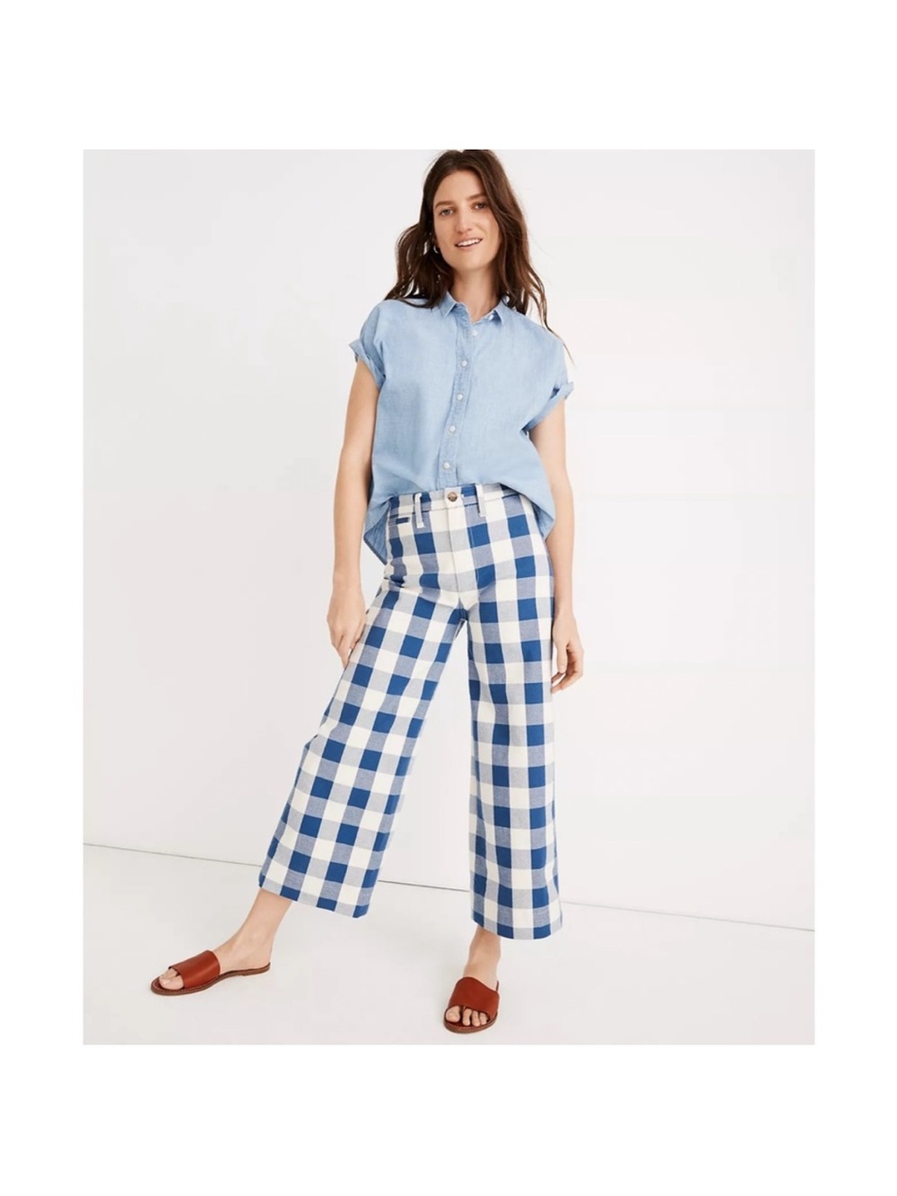 Madewell Blue and White Gingham Cropped Wide-Leg Pants